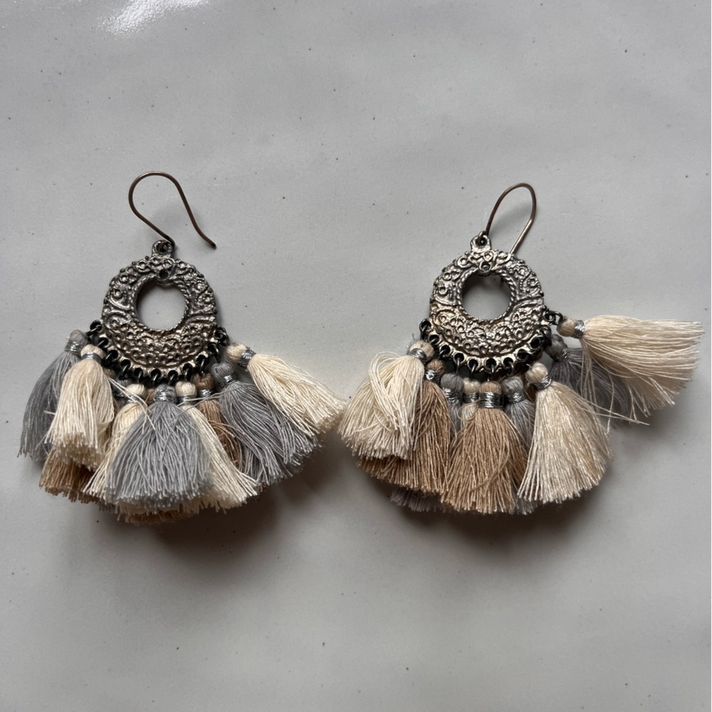 Chan Luu Silver and Cream Tassel Earrings